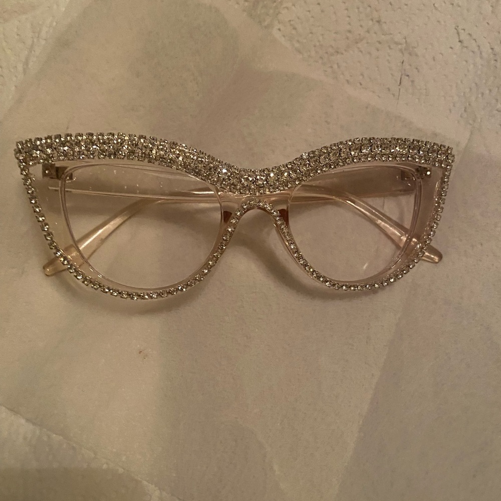 Crystal-Embellished Cat Eye Glasses - Clear/Pink